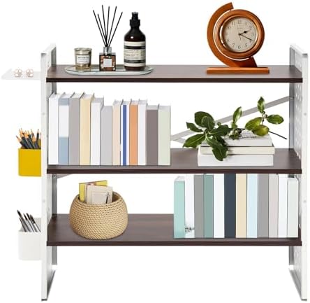 3 Tier Desktop Bookshelf, 23.6" Tall Modern Desktop Shelf Unit w/Storage Boxes & Shelf, Adjustable Bookcase for Home Office Decor (White, 60cm/23.6in) by Unknown