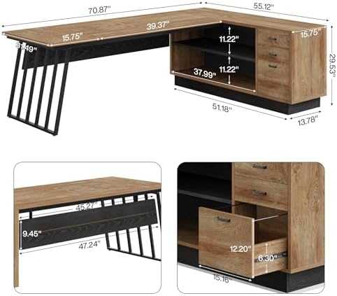 Tribesigns 71-Inch Executive Desk, L-Shaped Desk with Cabinet, Large Office Desk with Drawers and Storage Shelves, Writing Table Computer Desk for Home Office, Oak and Black - Image 2