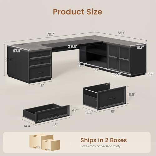 SEDETA 78.7" L Shaped Executive Desk with Charging Station, Large Home Office Computer Desk with File Drawers & Adjustable Storage Cabinet, CPU Stand, Modern L Desk for Business, Black + Grey - Image 2