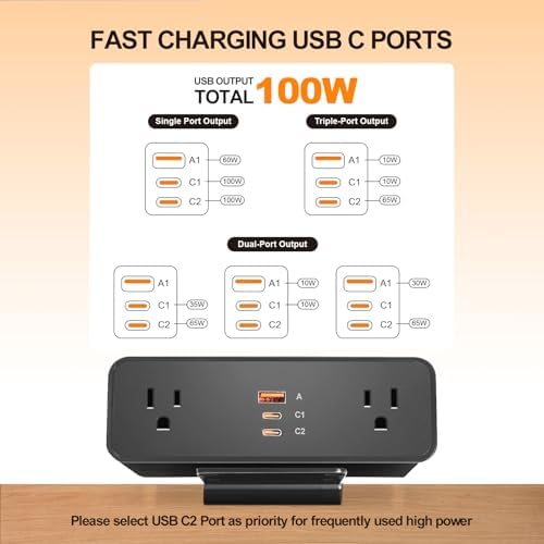 Desk Clamp Power Strip USB C 100W, Desktop Edge Mount Fast Charge Station 3 PD USB Port 2 AC Outlets 6ft Braided Extension Cord Flat Plug Fit Max 3.26’’ Tabletop Edge for Gaming Office Table. - Image 4