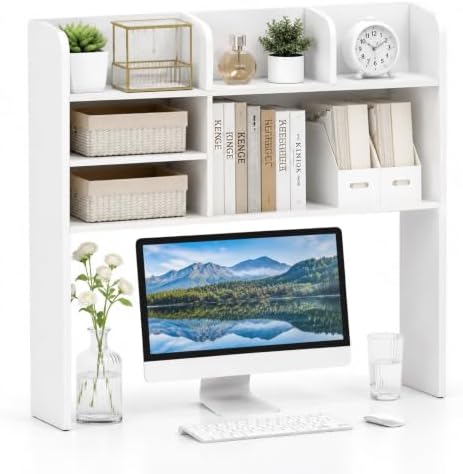 POWERSTONE 37" Desk Hutch with 6 Shelves, Desktop Bookshelf White by POWERSTONE%C2%AE
