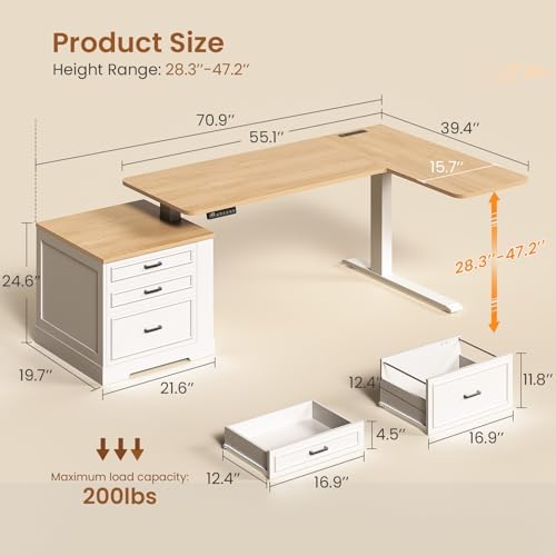 SEDETA Farmhouse L Shaped Electric Standing Desk, 70.9" x 39.4" Height Adjustable Office Executive Desk with 3 Drawers, Standing Computer Desks with Power Outlet for Home Office, Oak - Image 2
