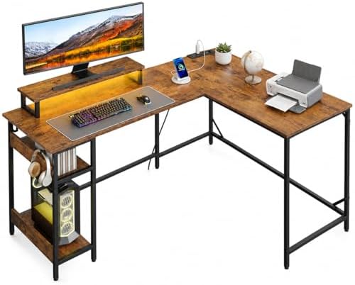 DEVAISE 60 Inch L Shaped Gaming Desk with LED Lights, Rustic Brown by DEVAISE