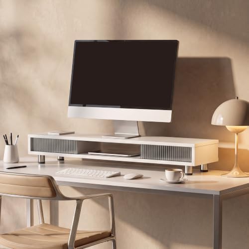 Fenge Dual Monitor Stand with Storage, Desk Shelf with Glass Sliding Door - Image 2
