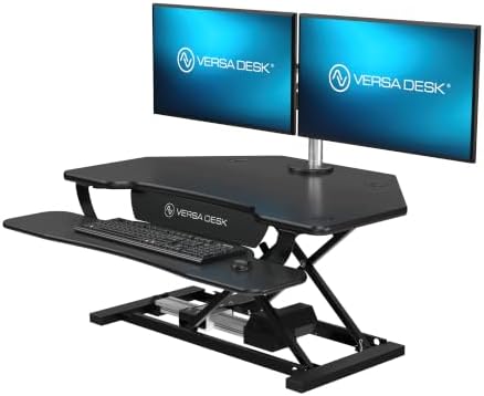 VERSADESK PowerPro 36 Inch Electric Corner Standing Desk Converter, Push-Button Height Adjustable Sit to Stand Desk Riser, Dual Monitor & Laptop Workstation with Keyboard Tray, Black by VERSADESK