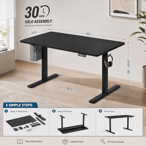 Grandder 55x32 Large Electric Standing Desk, Height Adjustable Computer Desk with 2 Memory Presets, 31.5" Deep Desktop Sit Stand Desk Home Office Desk Workstation Table with Hooks, Black - Image 5