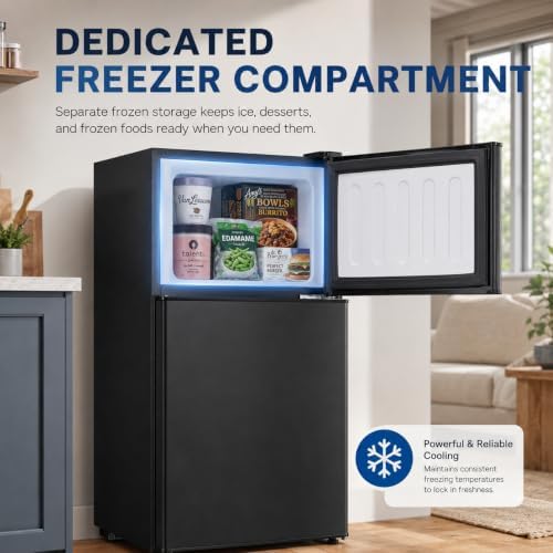3.2 Cu.Ft Mini Refrigerator with Freezer, 2 Door Compact Fridge with Adjustable Thermostat & Removable Glass Shelves, Energy Efficient Small Refrigerator for Bedroom, Dorm, Office, Apartment - Image 3