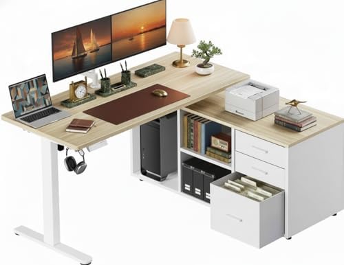 Marsail L-Shaped Executive Standing Desk with File Cabinet, 55" x 24" Electric Height Adjustable Stand up Desk, One-Whole Piece Desktop, Home Office Modern Computer Deskwith 4 Memory Presets by Marsail
