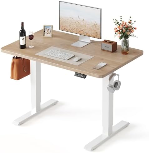 FEZIBO 40 x 24 Inchs Electric Standing Desk, Height Adjustable, Sit Stand Up, Computer Office Desk with Splice Board, White Frame/Maple Top by FEZIBO