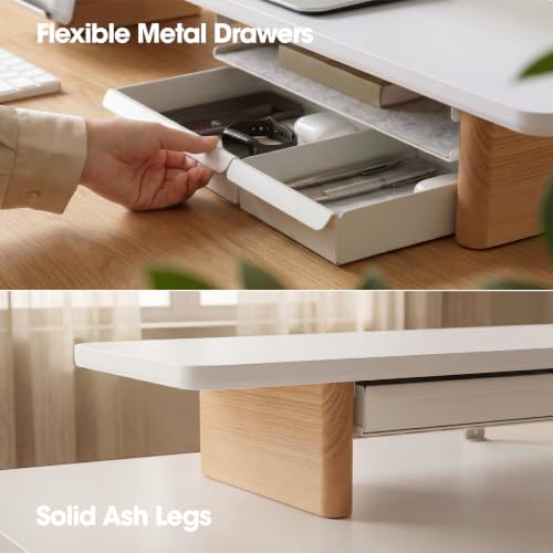 Fenge Modular Dual Monitor Stand Riser with Solid Ash Wood Leg, 42.5" White - Image 5