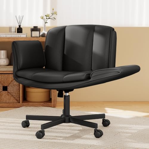 HeroSet Criss Cross Chair with Wheels & Armrests,Comfy Wide Vanity Chair,Scratch-Resistant Pu Leather Cross Legged Desk Chair,Height Adjustable Computer Office Desk Chairs for Home,Makeup,Bedroom by HeroSet