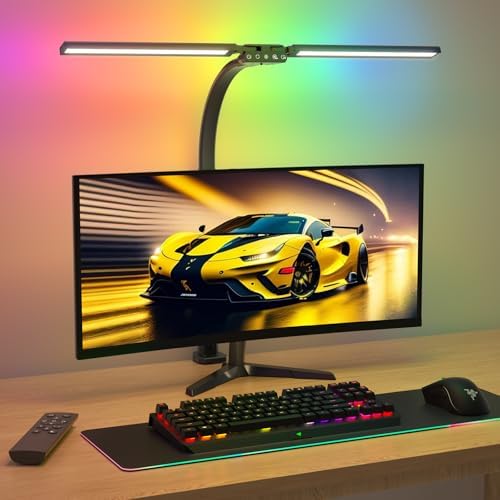 SIBRILLE Upgraded LED Desk Lamp for Home Office with RGB, Rotatable Computer Desk Light with Remote, Tall Table Lamp with Clamp for Working, Dimmable Dual Head Task Lighting for Monitor PC, 22W by SIBRILLE