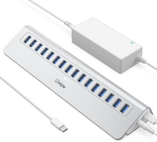 Powered USB Hub 10Gbps, intpw 16-Port USB 3.2/USB A Hub (16 x USB-A 3.2), USB Hub Powered with 65W Power Adapter, 3Ft Cable, Aluminum USB Hub for PC/Laptop,Computer, Flash Drive, Printer, Camera by intpw