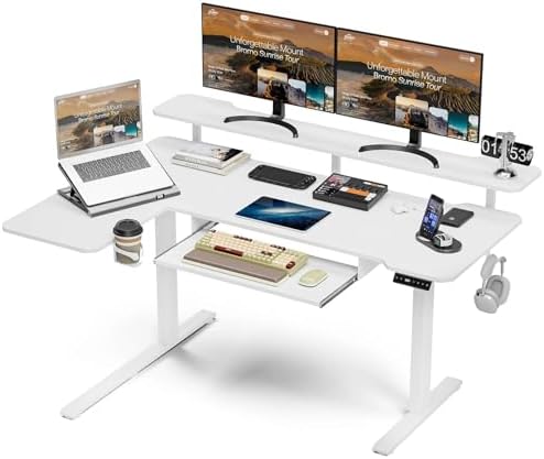 Acrolix 59" L Shaped Standing Desk with Shelves Keyboard Tray,White by Acrolix