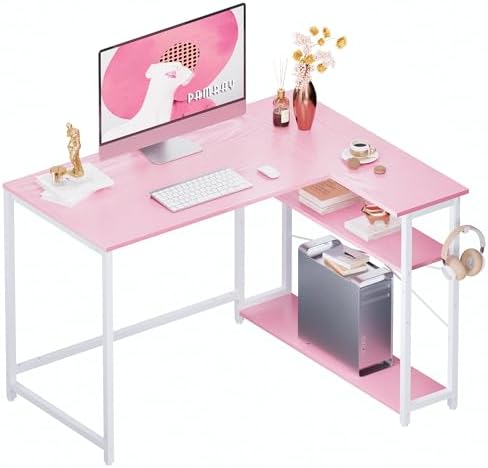 Pamray 43 Inch L Shaped Computer Desk with Reversible Side Storage Shelves, Small Corner Desk for Small Space Home Office,Writing Study Table PC Desk for Bedroom,Pink with White Leg by PAMRAY