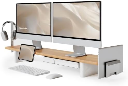 Fenge Modular Dual Monitor Stand Riser with Solid Ash Wood Leg, 42.5" Oak by Fenge