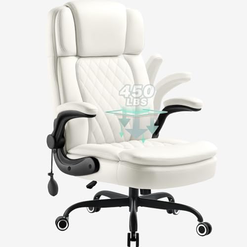 450 LBS Big and Tall Executive Office Chair with Flip up Arm, Heavy Duty Leather Computer Desk Chair,Comfortable High Back Swivel Home Office Chair with Rolling for Adults (White) by Wailor