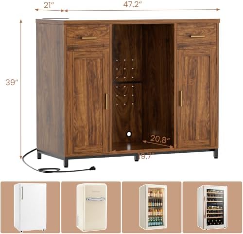 Unikito Coffee Bar Cabinet with Mini Fridge Space & Power Outlet, Walnut - Image 2