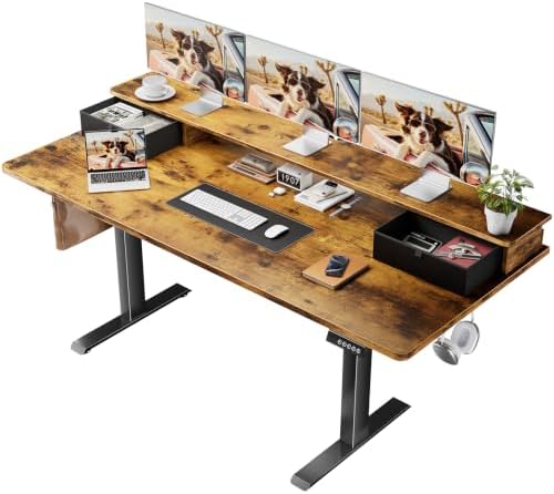 Veken 63x28 in Electric Standing Desk with Drawers, Adjustable Table, Brown by Veken