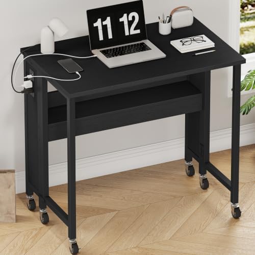 CHOEZON Folding Desk with Power Outlets, 31.5" Rolling Computer Table with Wheels, Portable Office Desk with Storage Shelf for Small Spaces Black TDN01UBB by Choezon