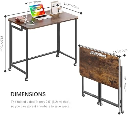 4NM 27.5" Mobile Small Rolling Computer Desk, Folding Laptop Cart Table with Wheels, Portable Office Desk for Small Space Couch Bed - Rustic Brown and Black - Image 3