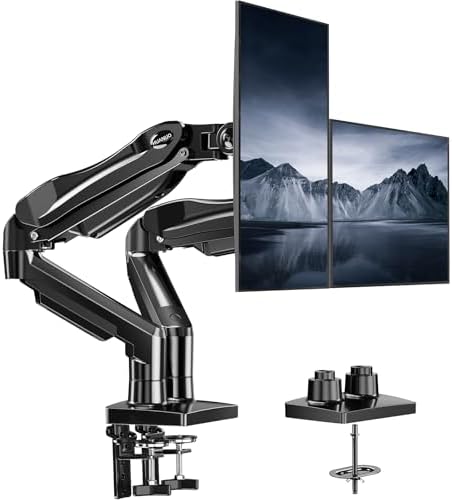 HUANUO Dual Monitor Stand, Fully Adjustable Gaming Monitor Desk Mount for 13–27″ Computer Screens, Full Motion VESA 75x75/100x100 with C-Clamp & Grommet Base, Each Arm Holds 4.4 to 19.8 lbs by HUANUO