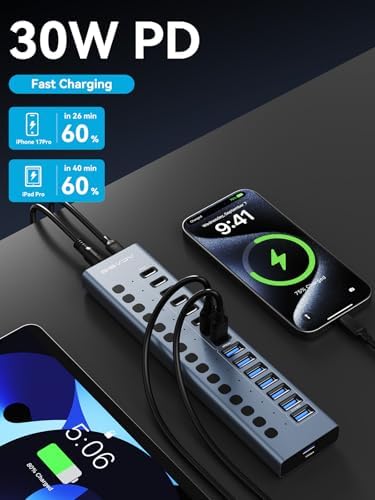 ACASIS Powered USB C Hub, 16-in-1 USB 3.2 Hub 10Gbps, 6 USB-A 3.2 + 2 USB-A 2.0+ 8 USB-C 3.2 Ports, Dual USB-C PD 30W, 150W Adapter, 3.3FT Cable, Aluminum USB Hub for PC, Laptop, Mac mini, iMac, iPad - Image 3