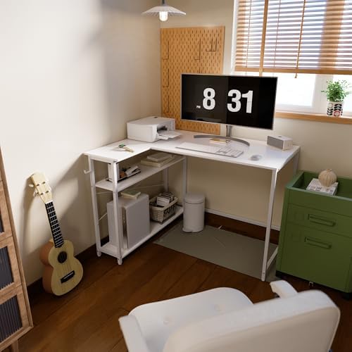 Pamray 43 Inch L Shaped Computer Desk with Reversible Side Storage Shelves, Small Corner Desk for Small Space Home Office,Writing Study Table PC Desk for Bedroom,White - Image 2