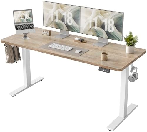 TIQLAB Standing Desk 63 x 24 inch, Electric Height Adjustable Desk with Splice Board, Sit Stand Desk Computer Table for Home Office, White Frame/Maple Top by TIQLAB
