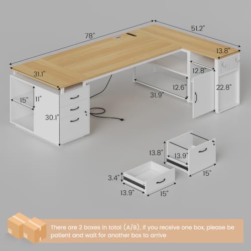 78" Executive Desk with Lockable File Cabinet, L Shaped Office Desk with Power Outlets, Large Executive Desk with Drawers and Storage Shelves , Reversible Computer Desk with Privacy Screen (White) - Image 7