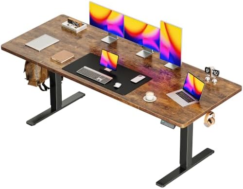 Huuger 71 x 30 Large Electric Standing Desk, Height Adjustable Computer Desk, 29.5" Deep Desktop, Stand up Gaming Office Table with 2 Hooks, 3 Preset Heights, for Home Office, Rustic Brown by Huuger