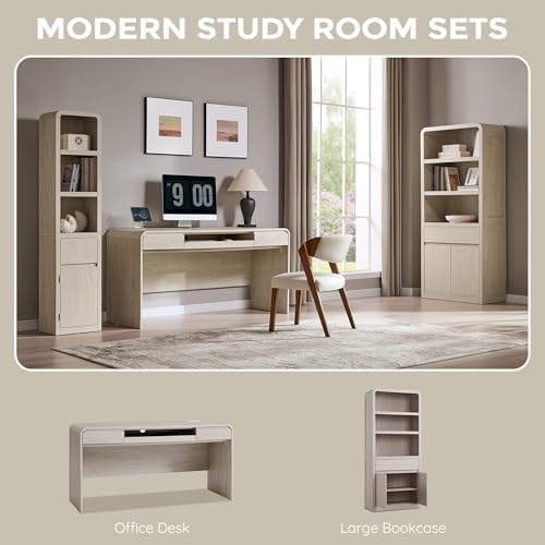 63" Modern Computer Desk with 2 Drawers, Wood Curved (Cream) - Image 6