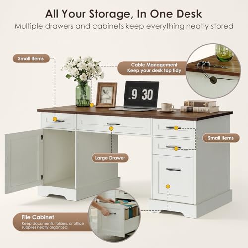 OffiGo Farmhouse 59 Inch Executive Desk with Drawers, Walnut+White - Image 5