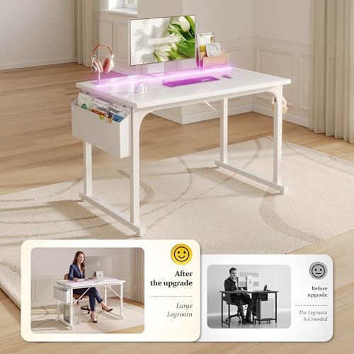 DurayLoly 40" Gaming Desk with Waterproof LED Lights for Bedroom,White - Image 3