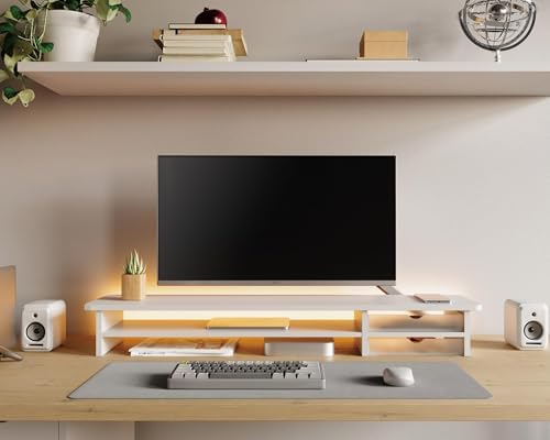 Fenge Monitor Stand, Desk Computer Riser with Frosted Storage Drawer, White - Image 5