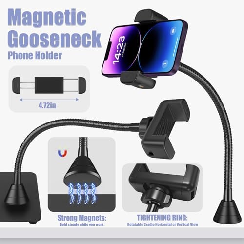 12X Square Magnifying Glass with Light and Stand, Real Glass LED Lighted Magnifier and Phone Holder, 5 Color Modes Stepless Dimmable, Hands-Free Desk Lamp for Craft Hobby Close Work Black and Holder - Image 5