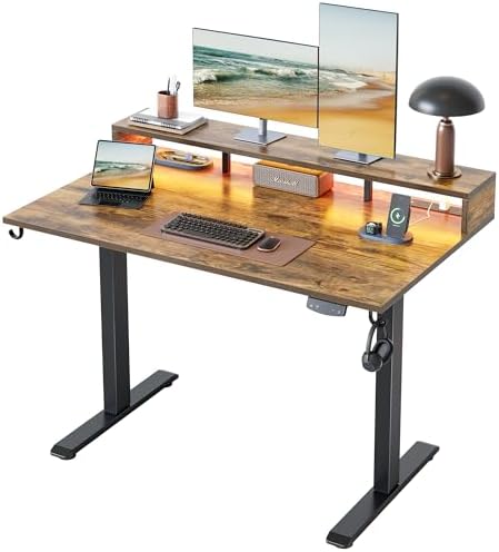 Klicelor Electric Standing Desk with Shelf, 48 Inch Height Adjustable Desk with Power Outlets & LED, Sit Stand Up Table with Monitor Stand, Computer Workstation for Home Office, Rustic Brown by Klicelor