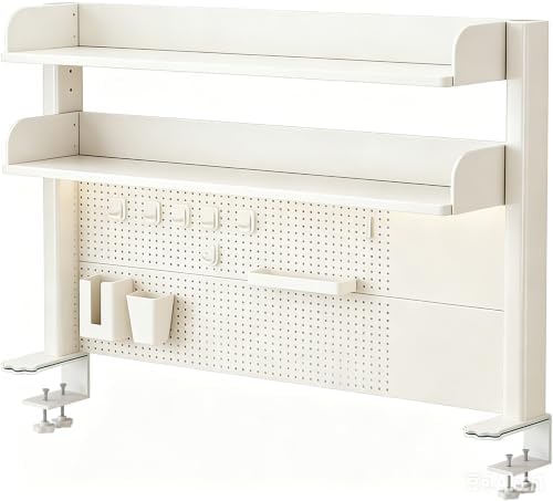 31.5 Inch Clip-on Desktop Organizer Bookshelf with Pegboard, Desk Shelf Organizer, Multipurpose Computer Desk Desktop Bookshelf, Desk Extender Pegboard Clamp, Desktop Display (White) by Unknown