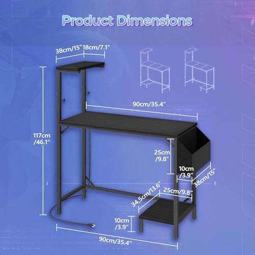 MAHANCRIS Gaming Desk, Computer Desk with Charging Station and LED Light, Small PC Desk with Side Storage Bag and Shelves, 2 Hooks, for Living Room, Home Office, Bedroom Black CDHS134E01 - Image 3