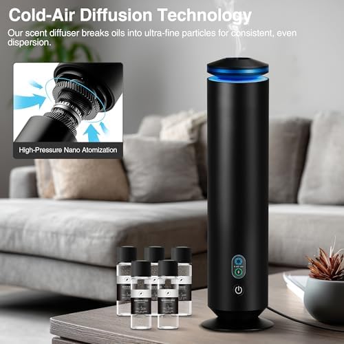 Waterless Scent Diffuser Starter Kit - 1500 Sq Ft Coverage, Scent Diffuser for Home, Hotel, Studio, Essential Oil Diffuser Large Room, 7 Mood Lights Setting, 5 Essential Oils Included, Black, 11.50In - Image 3