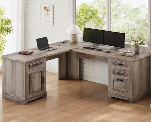Itaar Farmhouse L Shaped Desk, Executive Computer Desk with Drawers and Storage Cabinet, Home Office Desk with File Drawer and Power Outlet, Corner Desk, Workstation for Office Home, Grey by Itaar