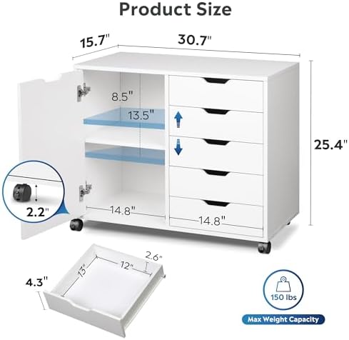 DEVAISE 5-Drawer Wood Drawer Cabinet, Office Storage Cabinet, White - Image 3