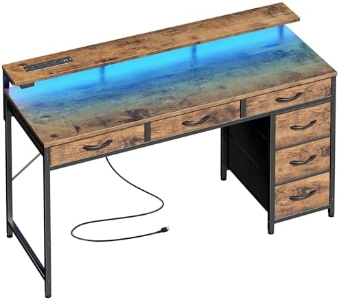 Huuger Gaming Desk with 6 Drawers, Computer Desk with LED Lights Power Outlets and Type-C, 47 Inch Office Desk with Storage, Monitor Stand, Writing Work Desk for Home Office, Rustic Brown by Huuger