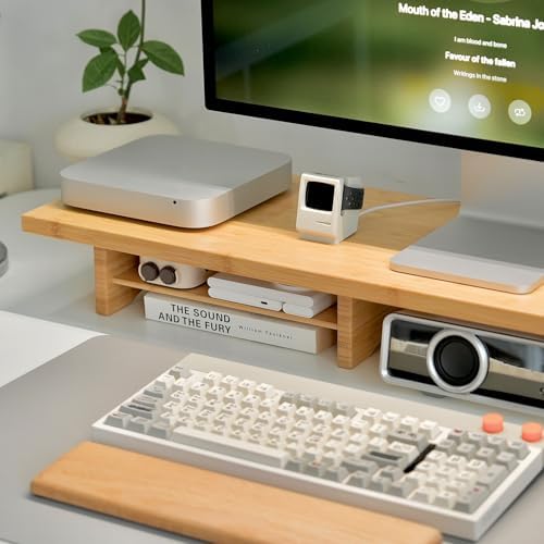 Bamboo Dual Monitor Stand Riser, 2-Tier Desk Shelf with Storage - Image 3