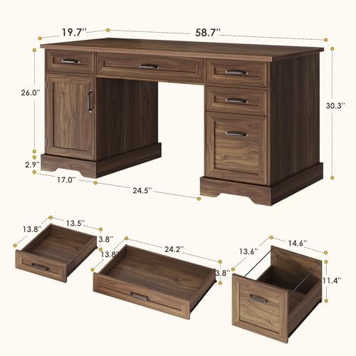 OffiGo Farmhouse 59 Inch Executive Desk with Drawers, Walnut - Image 2