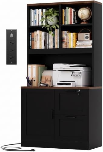 Vertical File Cabinet Bookcase with Printer Stand & Charging Station, Black by Homieasy