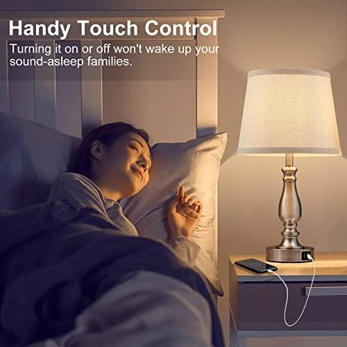 EJIAXIN Lamps for Bedrooms Set of 2, Brushed Nickel Bedside Lamps with USB C+A Ports,Dimmable Nightstand Lamps with Fabric Lampshade, Touch Table Lamp for Living Room Bedroom Office, Bulbs Included - Image 5