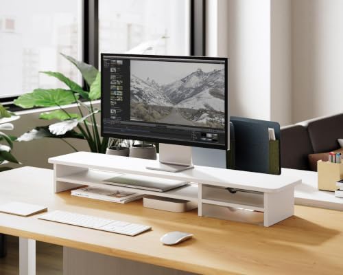 Fenge Monitor Stand, Desk Computer Riser with Frosted Storage Drawer, White - Image 2