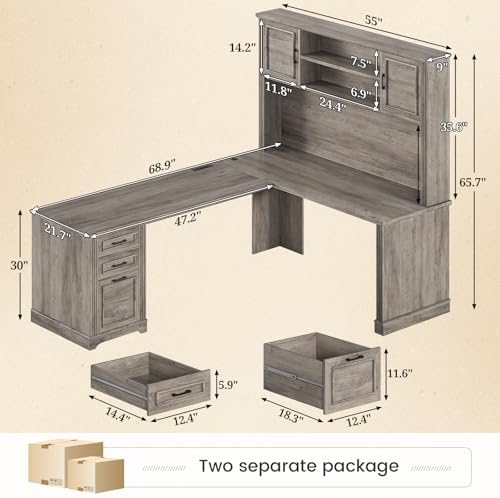 SEDETA Farmhouse L Shaped Desk with Hutch and 3 Drawers, 68.9" Executive Office Desk with File Drawer and Power Outlet, Corner Computer Desk with Storage Shelves for Home Office, Grey - Image 2