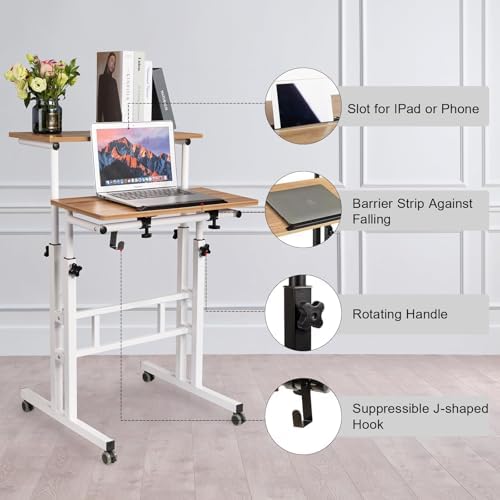 Hadulcet Mobile Standing Desk with Charging Station, Adjustable Standing Computer Desk, Standing Adjustable Laptop Cart with Wheels for Home Office Classroom Vintage Oak - Image 3